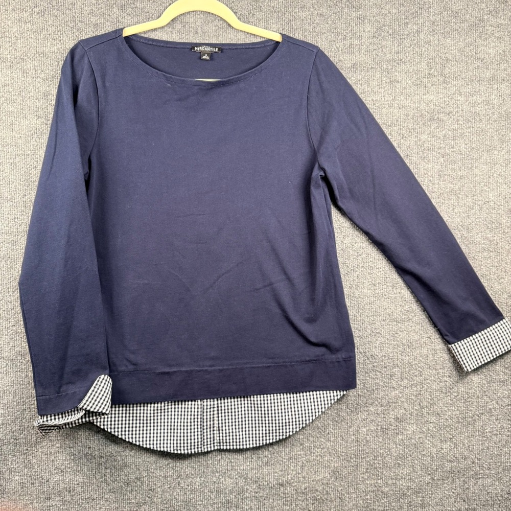 J Crew Mercantile Womens Small Top Navy Gingham Layered Hem Long Sleeve Workwear
